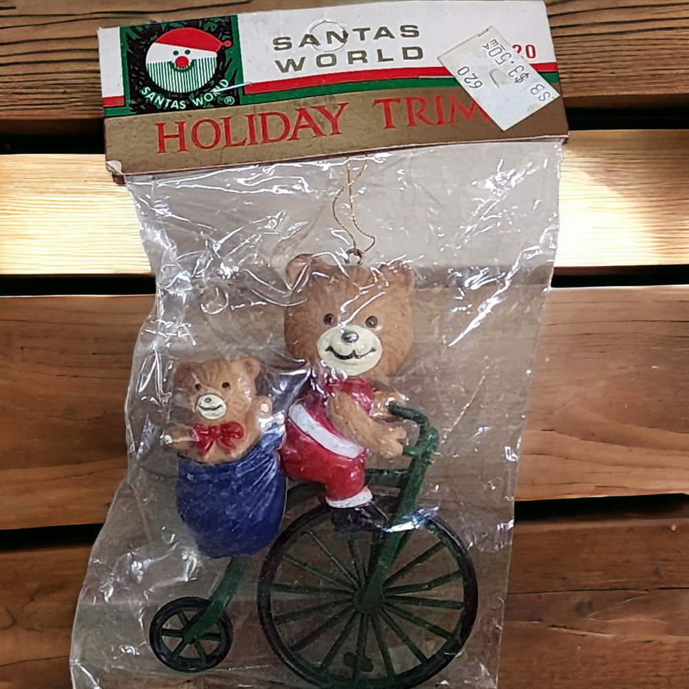 Plastic Teddy Bears on Big Wheel Bicycle Kurt Adler Christmas Ornament NOS